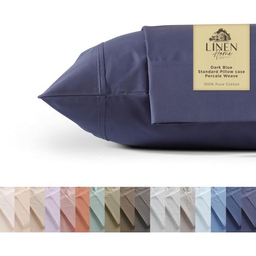 Linen Home 100% Cotton Percale Pillowcases Queen/Standard Size, Dark Blue, 2 Pieces of Pillow Case, Crisp and Cool Strong Bed Linen, 20 inches X 30 inches at