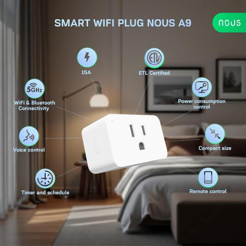 NOUS Wi-Fi Smart Plug 15A, Dual-Band 2.4GHz & 5GHz, Energy Monitoring, Compatible with Alexa, Google Home, Tuya Smart App, Remote Control, Timer, Compact Design, Smart Outlet, 4 Pack
