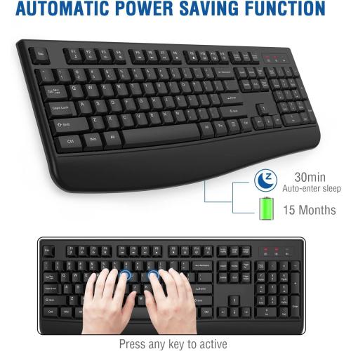 Wireless Keyboard, 2.4G Ergonomic Full Size Wireless Computer Keyboard with Wrist Rest for Windows, Mac OS Desktop/Laptop/PC（Black）