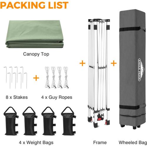 EAGLE PEAK 10x10 Pop Up Canopy Tent Easy Up Canopy Outdoor, Sage Green | Patented PeakPush™ Center Lock, 1 Person Setup Portable Pop Up Tent, Beach, Markets, Camping Sport Events, Wheeled Carry Bag