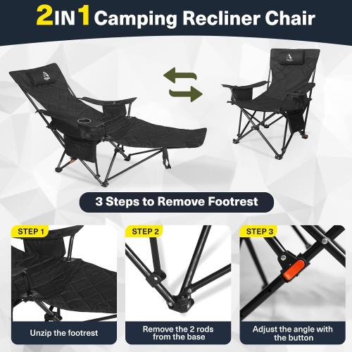 2025 Upgraded 2-in-1 Reclining Camping Chair with Footrest, Folding Beach Lounge Chair with Adjustable Backrest & Cooler, Portable Lawn Chairs for Adults Heavy Duty for Outdoor Sports