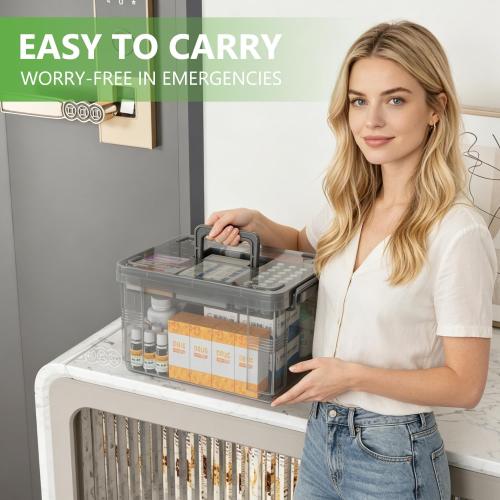 15qt Multi-Color Clear Medicine Organizer Storage Box (with Tray) - Thickened Plastic Empty First Aid Case   Handle | Portable Multipurpose Medical Caddy (Gray)