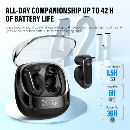 Clip On Ear buds, Open Ear Headphones, Bluetooth 5.4 HiFi Stereo Clip Earbuds, 42H, LED Display Wireless EarBuds, Comfortable Lightweight, IP7 Waterproof Earphones, Earbud for Workout Running, Black