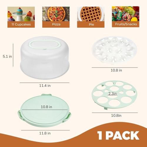 Green Cake Containers with Lids Round Plastic Cupcake Holders 4-in-1 Multipurpose Cake Carrier Holder for 11 Inch Cake Pies Cupcake Eggs Fruit or Snack Transport