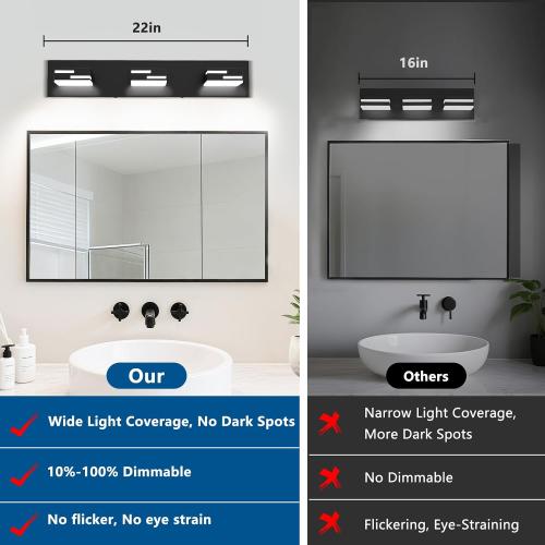 LED Modern Bathroom Vanity Light Fixtures, Dimmable Matte Black Vanity Lights for Bathroom Lighting Fixtures Over Mirror, with 360° Rotatable Acrylic Heads 3-Light 22-inch (Cool White 6000K)