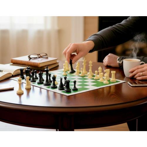 StonKraft 18.2'' x 18.2'' Tournament Chess Vinyl Foldable Chess Game with Solid Plastic Pieces (with Extra Queen) - Ideal for Professional Chess Players