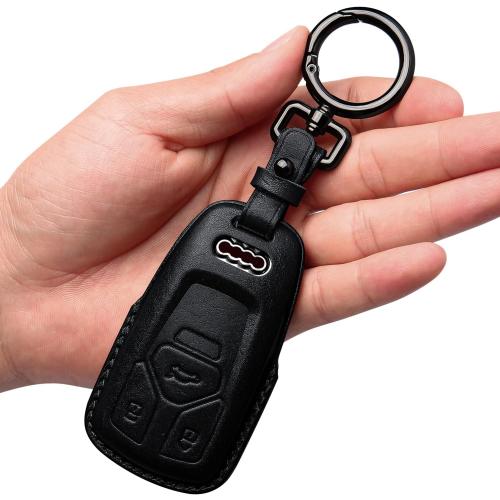 Tukellen for Audi Key Fob Cover Genuine Leather With Keychain,Leather Key Case Protector Compatible Audi A4 Q7 Q5 TT A3 A6 SQ5 R8 S5 smart key-Black