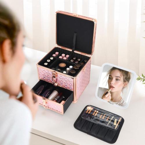 Makeup Case with Drawer, Detachable Lighted LED Mirror, Travel Vanity Organizer, Portable Cosmetic Train Case, Lockable Makeup Suitcase with Adjustable Dividers, Shoulder Strap, Brush Holder
