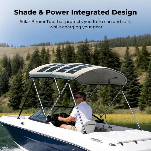 BougeRV 200W Solar Bimini Top for Boats 3-4 Bow 24V 600D Canopy | Marine solar panels bimini tops for boats,24V 25% efficient flexible panel with waterproof canopy and rear support poles