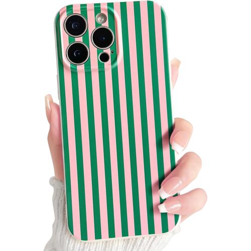 Lovmooful for iPhone 15 Pro Max Case Cute Color Striped Design-Green&Pink | Compatible for iPhone 15 Pro Max Case,Aesthetics,for Girls Women,Soft TPU,Shockproof,More Protective,Girly