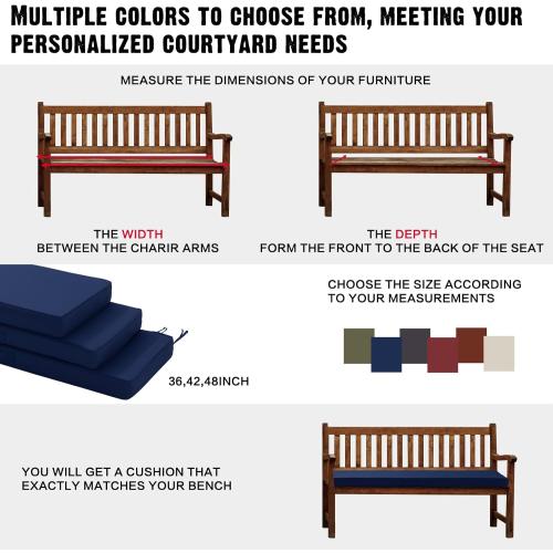 YIJIAN HOME Outdoor Bench Cushion 4 inches Memory Foam Waterproof Patio Furniture Bench Cushion Porch Swing Cushion with Handle and Adjustable Strap, 60 x 18 Inch Navy
