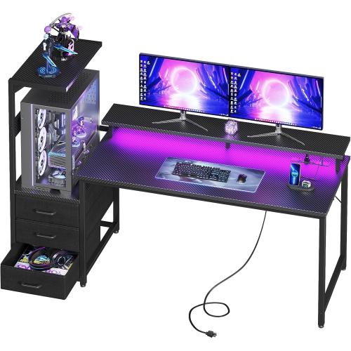 AODK Gaming Desk w/PC Showcase Stand, 59 Reversible, RGB LED, Black | Elevated stand fits Lian Li O11, Hyte Y60. Triple drawers hide cables, controllers, clutter