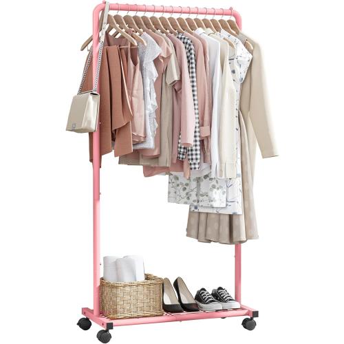 Clothes Rack - Clothing Rack with Storage Mesh Shelf & Casters, Heavy-Duty Metal Clothing Rack for Hanging Clothes, Dresses, Coats, Large Load Capacity, Easy Assembly, Pink, 28.0x16.9x59.0