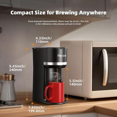 Mini Single Serve Coffee Maker for K Cup and Ground Coffee, Fast Brew One Cup Coffee Machine with Descaling Reminder and Water Window, 6 to 12 oz. Brew Sizes, Black