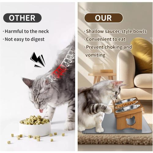 Elevated Cat Bowls with 3 Stainless Steel Bowls | 15° Tilted Anti-Vomiting Raised Cat Food Bowl with Solid Wood Stand and Silicone Pad for Cats and Small Pets Bowl(Warm Chestnut)
