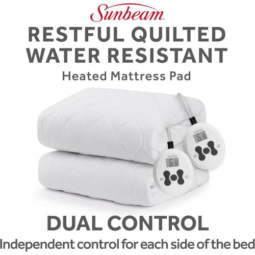 Sunbeam Electric Premium Water Resistant Restful Quilted Heated Mattress Pad, 12 Heat Settings, 12-Hour Selectable Auto Shut-Off, Fast Heating, Cozy Warming Bed, King, 76 x 80