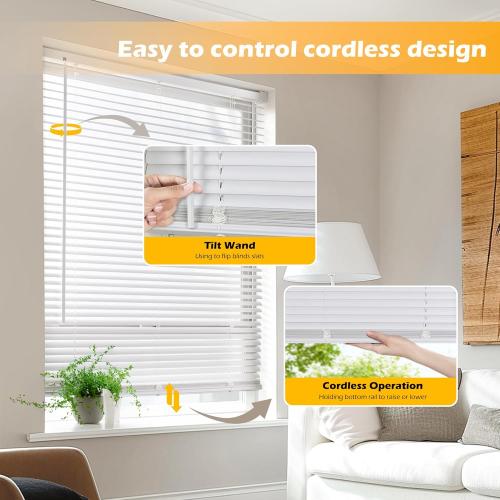 LazBlinds Cordless 1 Vinyl Mini Blinds for Indoor Windows - Light Filtering Horizontal Window Blinds & Shades, 34 W x 64 H, White