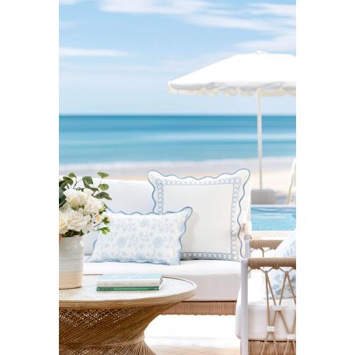 Hofdeco Premium Coastal Patio Indoor Outdoor Scalloped Lumbar Pillow Cover Only, 12x20 Water Repellent for Backyard, Couch, Baby Blue Print Dahlia Floral