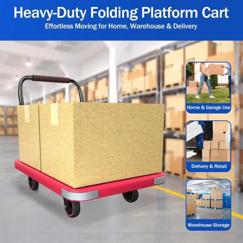 WUD Foldable Hand-Push Platform Truck with Brake, 360-Degree Swivel Wheels, 35.4”L x 23.6”W, 880 lb Load Capacity, Suitable for Luggage, Travel, Moving, Shopping, Office, Home Garden, Magenta