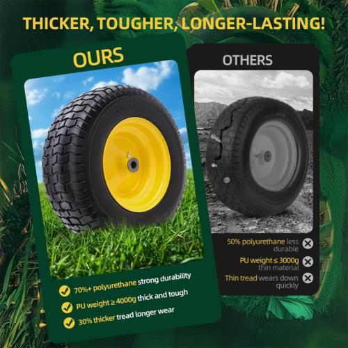 16x6.50-8 tire and wheel Flat Free Assemblies (2 Pack), Lawn Mower Tires with Rim, Solid Rubber Riding Lawn Mower Tires and Wheels,3 Offset Hub,3/4 Bushings,16x6.5-8 Tractor Turf Tire