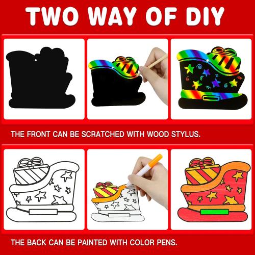 Max Fun Christmas Crafts Scratch Art for Kids, 48PCS Magic Rainbow Scratch Off Paper Cards, Christmas Ornaments Hanging Art for Kids Party Favors Supplies, Stocking Stuffers Educational Toys