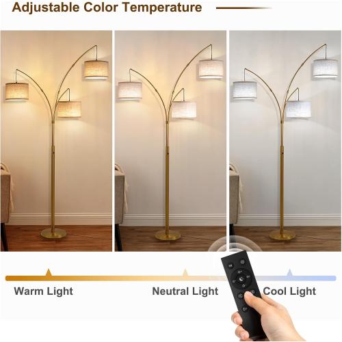 Gold Floor Lamps for Living Room, Super Bright Arc Floor Lamp with Remote Control, 3 Light Tall Floor Lamps with Stepless Dimmable, 80 Mid Century Tree Floor Lamp for Bedroom, Office