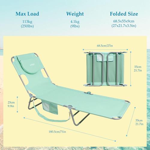 Beach Lounge Chair, Outdoor Chaise Lounger with Face Hole, 5-Position Reclining Beach Chair Face Down Tanning Chair with Carry Strap,Side Pocket, Portable Camping Cot for Patio,Poolside