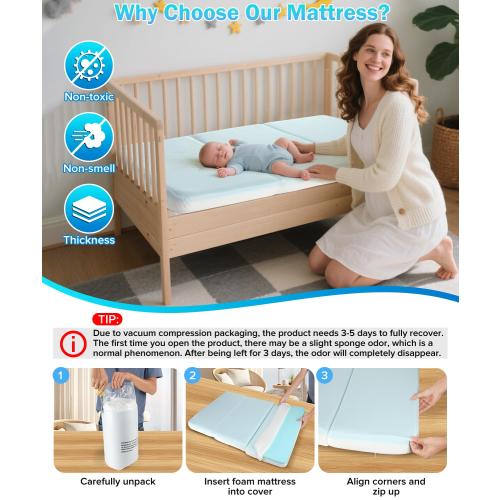3'' Trifold Crib Mattress,38x26 Inch Trifold Mattress for Playpen and Playard,Portable Travel Memory Foam Mattresses Baby Infant, Odorless Breathable Pack and Play Mattresses Removable Cover