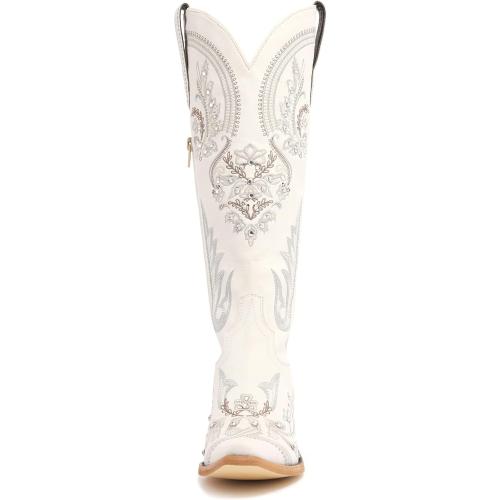 Western Cowboy Boots for Women Embroidered Rhinestones Knee High Cowgirl Boots Pointed Toe Chunky Heel Fashion Retro Classic Tall Boot SIZE 8