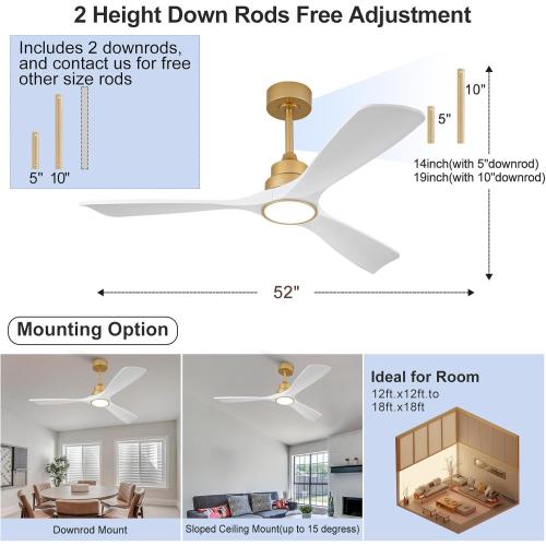 52 Inch White and Gold Ceiling Fans with Lights and Remote, 3 Blade Wood Outdoor Ceiling Fan with Light Outdoor Ceiling Fans for Patios, Bedroom Ceiling Fan for Modern Living Room Patio Indoor Office