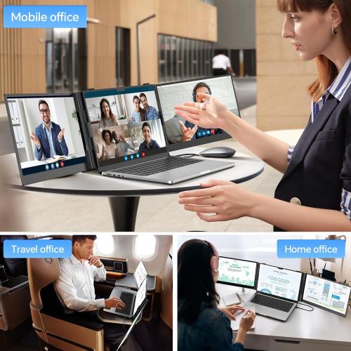 14.2’’ Triple Laptop Screen Extender, 0.17 Ultra-Slim FHD 1080P Portable Monitor for Laptop, Tri-Screen Travel Monitor Extender, Plug-Play for Windows/Mac/Chrome, Fit 13”-17.3” Laptops
