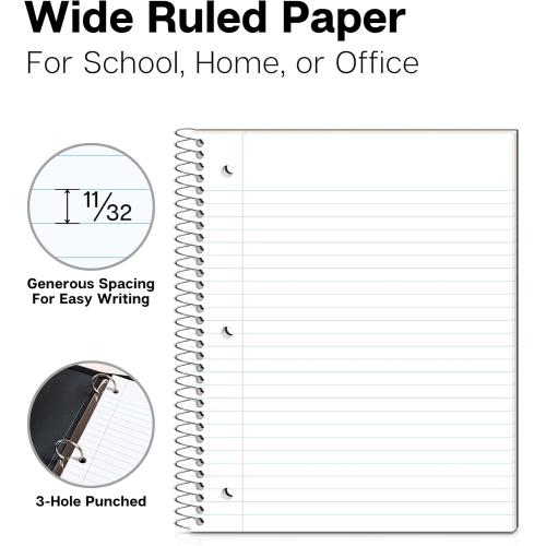Dunwell 1 Subject Spiral Notebooks, (3-Pack, Red Blue Black) 8x10.5” Paper, Wide Ruled Lines, Plastic Covers, 100 Sheets (200 Pages), 3-Hole Punched Perforated Pages, Divider with Pockets