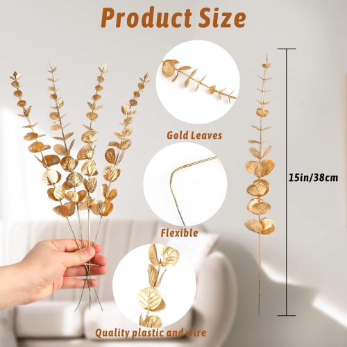 FOIMAS Gold Artificial Eucalyptus Stems,36pcs Faux Eucalyptus Branches Leaves Decor for Floral Arrangement Wedding Bouquet Home Decoration