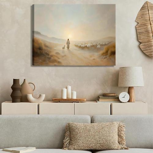 Jesus Leaves the 99 Wall Art Jesus Sheep pictures Wall Decor The Lost Lamb Poster Print Christian Landscape Painting Artwork for Gallery Church Home Decoration 24x16in Canvas