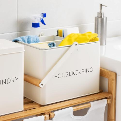 Navaris Cleaning Caddy with Handle - Metal Cleaning Product Storage Organizer Box for Housekeeping Products for Bathroom Kitchen Home - Vintage Design