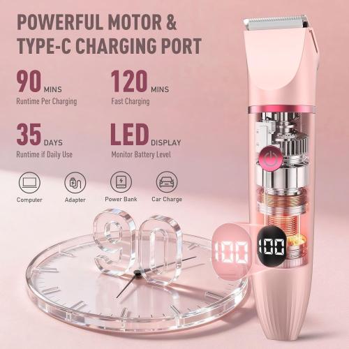 Bikini Trimmer for Women, 3-in-1 Electric Razors for Women, IPX7 Waterproof Rechargeable Cordless Pubic Hair Shaver, with LED Display, for Ladies Bikini Pubic, Face, Underarms, Legs(Pink)