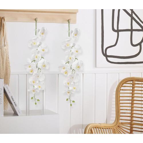 White Orchid Artificial Flowers,4PCS Real Touch Fake Hanging Flowers Faux Phalaenopsis Orchids Plants for Wedding Party Wall Garden Outdoor Home Decor (White)