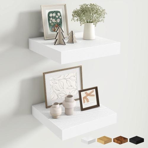 Fun Memories Floating Shelves for Wall 10 Inch, 10 Inch Deep Square Wall Shelves, Bathroom Storage Shelves Over Toilet, Wood Floating Shelves for Living Room Bedroom, White, Set of 2