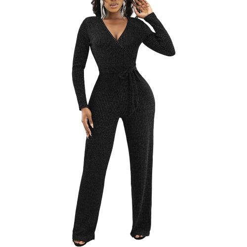 Size L LightlyKiss Women's casual sexy V-neck sparkling jumpsuit long sleeve loose jumpsuits Fashion Club party Rompers with belt