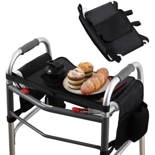 Hook-On Walker Tray, Cup Holder & Tool Free Quick Assembly, Non Slip Mobility Table for Seniors, Multi Functional Removable Tray, Portable Multipurpose Walker Accessories