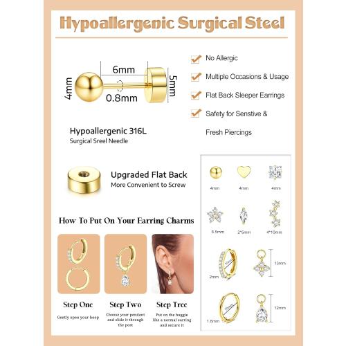 THUNARAZ 10Pairs Hypoallergenic Flat Back Earrings for Women, 14K Gold Plated Hoop Stud Earrings Set for Sensitive Ears Helix Tragus Cartilage Conch Earring for Multiple Piercings with Pendant