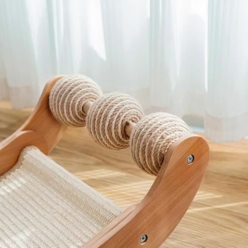 ‼️has mild fur ‼️Sisal Cat Scratcher Bed with 3 Toy Balls for Indoor Cats, Durable Wooden 3-in-1 Hammock Lounge & Scratch Pad - Modern Furniture for Large Cats, Scratching Post Lounger