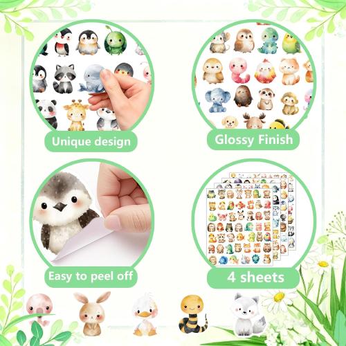 200 Pcs Animal Stickers for Kids, Cute Animal Individual Stickers for Kids, Watercolor Cute Vinyl Sticker for Classroom Prizes, Party Decor, Birthday Gifts, Crafts (Cute200)