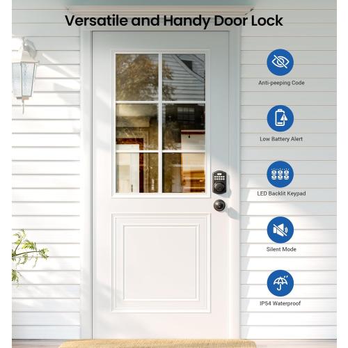 Veise Keyless Entry Door Lock with 2 Knobs, Electronic Backlit Keypad Deadbolt with Handle Set, Auto Lock, One-time Codes, Smart Deadbolt for Front Door, Easy Installation, Matte Black