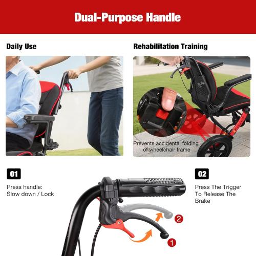 Wheelchairs for Adults,Transport Wheelchair Lightweight Foldable with Removable Cushion,Ergonomic Transfer Chair with 12-inch Rear Wheels for All Terrains,Travel Wheelchair,Red