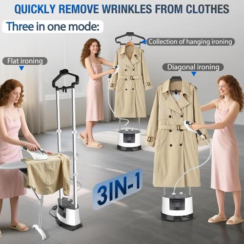 Color White Standing Garment Steamer 1500W Standing Garment Steamer - 30s Fast Heat, 101 fl.oz Detachable Tank, 2 - Level Steam Ironing Board and Clothing Hanger,Adjustment for Flat Hanging & Diagonal Ironing