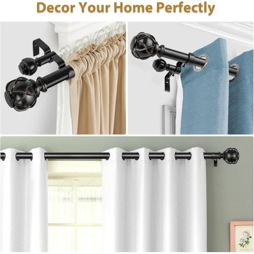 KAMANINA 1 Inch Double Curtain Rods for Windows 36 to 72 Inches (3-6 Feet)，Black Heavy Duty Double Curtain Rod, Telescoping Drapery Rod with Netted Texture Finials