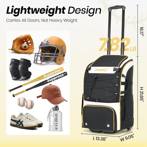 Fanwoli Leather Rolling Baseball Bag - Youth Softball Bag with Wheels for Boys Girls - Rain Cover & Mud Guard for Clean Car - Premium 4-Bat Tournament Roller - Large Equipment Organizer