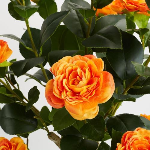 3FT Artificial Camellia Tree, 2 Pack Fake Camellia Tree Artificial Tree, Faux Floral Plants in Cement Pot, Greenery Potted Plant for Indoor Outdoor Home Office Porch Decor (Orange)