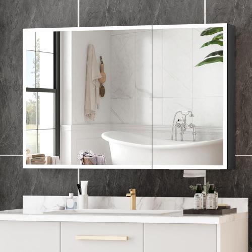 35x24 Led Medicine Cabinet with Led Mirror, Recessed or Surface Medicine Cabinet with Color Adjustment and Anti-Fog, Easy to Install 2 Doors Aluminum Cabinet, Black (No Assembled Required)